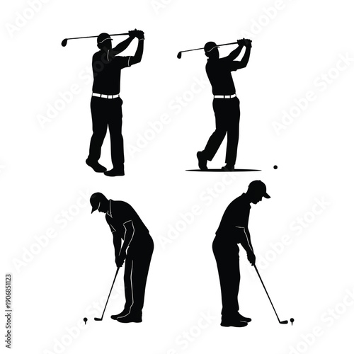 Golfer in various silhouetted poses showcasing golfing techniques and actions on a white background,  Whisk_edb30361bacf80c9e2c49e6d49f6eafedr.eps reference
