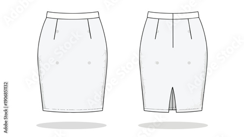 Detailed technical flat illustration of a women's classic pencil skirt showcasing front and back views with tailored construction details and back