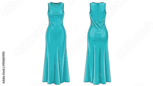 Elegant sleeveless teal maxi dress technical drawing, displaying luxurious draped fabric and sophisticated silhouette, perfect for upscale formal
