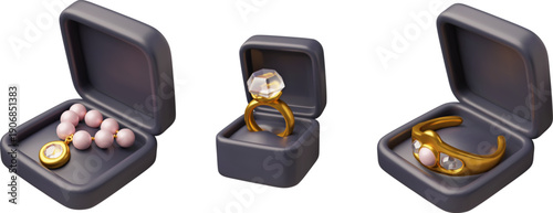 Golden ring, bracelet and pearl necklace with diamonds in gift box 3D vector set, packages with luxury jewelry accessory