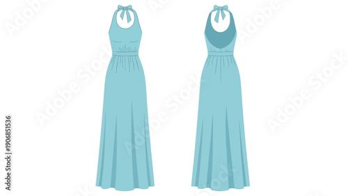 Elegant aqua blue maxi dress design featuring a stylish halter neckline with a delicate back bow detail, ideal for spring and summer fashion