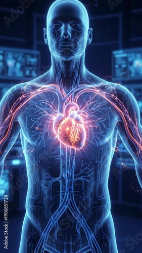Human torso shows heart and vascular system in medical visualization. Concept of cardiology and heart health. Vertical video