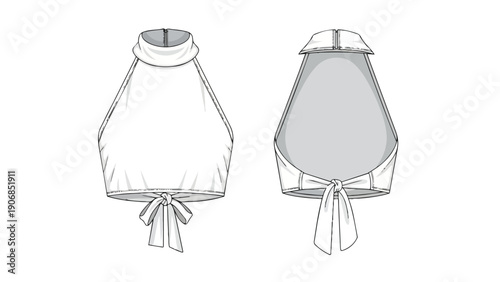 Technical flat drawing showcasing a contemporary women's fashion halter neck crop top with an open back, featuring a stylish decorative tie knot at