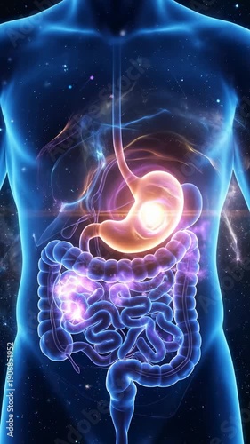 Human torso shows stomach and intestines with digestive tract in medical visualization. Concept of digestion and gut health. Vertical video