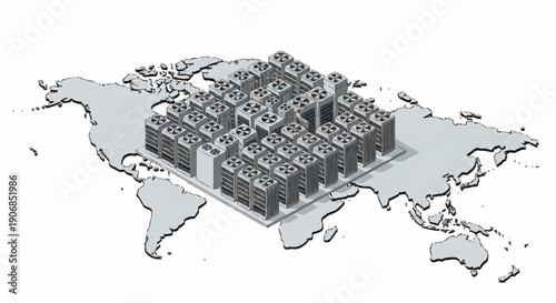 3D rendering of server racks on a world map.