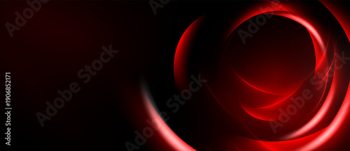 Dark background features swirling red neon shapes. Abstract design evokes energy, motion, depth. Minimalist aesthetic creates dramatic visual impact.