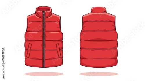 Vibrant Red Puffer Vest Front and Back View Essential Winter Outerwear Apparel Stylish Warmth Fashion Garment Design Isolated White Background