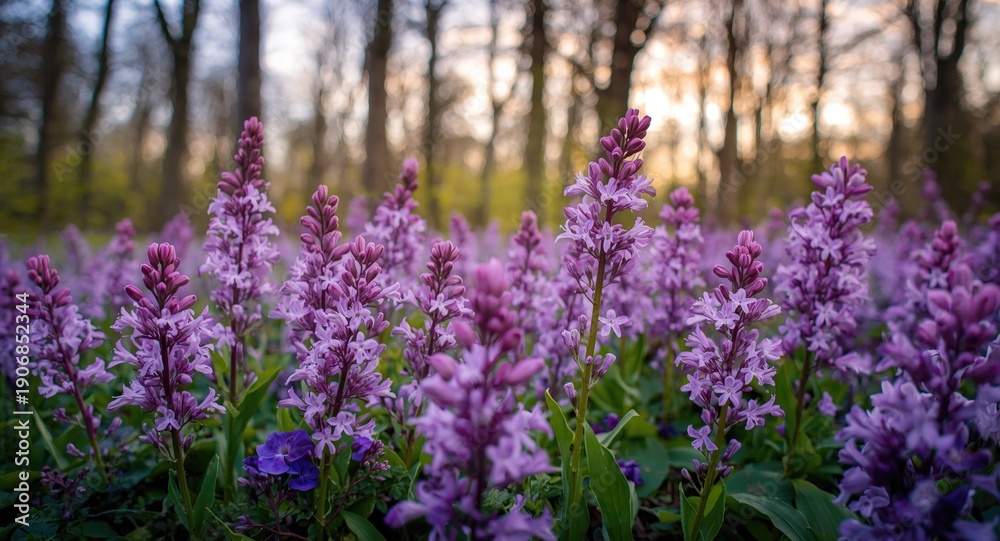 Fototapeta premium Fairytale forest backdrop featuring lush lilac flowers in spring