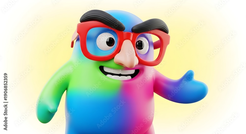 Fototapeta premium April fools' day cartoon character giving thumbs up with colorful glasses