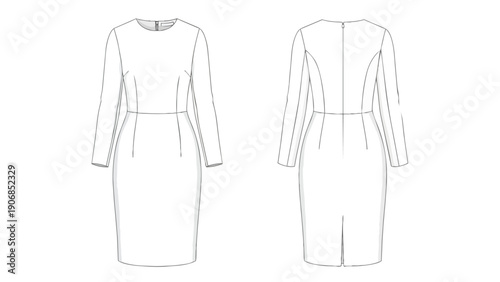 Elegant long-sleeved sheath dress technical blueprint featuring front and back views professional apparel design illustration for pattern making