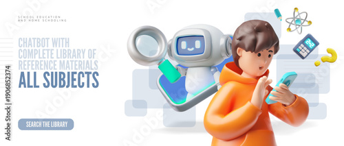 3D banner of a chatbot and a boy with a smartphone. AI in education.