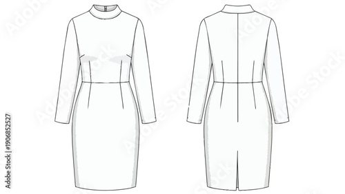 Sophisticated high-collar long-sleeved dress technical flat illustration for garment manufacturing and bespoke tailoring