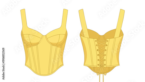 Vibrant yellow modern corset top flat technical fashion drawing illustration displaying elegant front bodice boning structure and a detailed