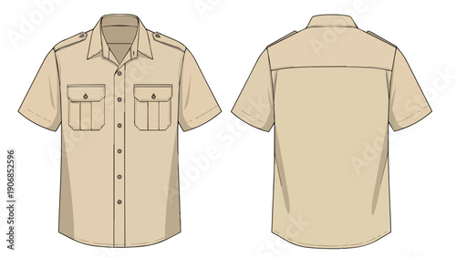 Technical drawing of a beige short-sleeve utility shirt with front and back views, chest pockets and shoulder epaulets for apparel design and