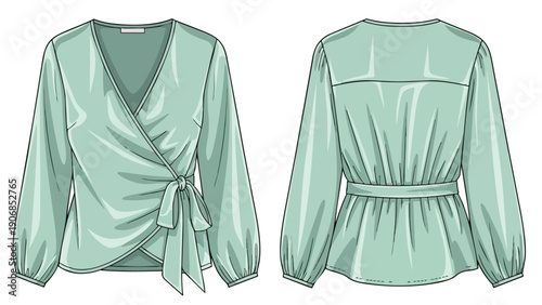 Elegant fashion flat sketch showcasing a mint green women's wrap blouse with gathered sleeves and a cinched waist detail perfect for design