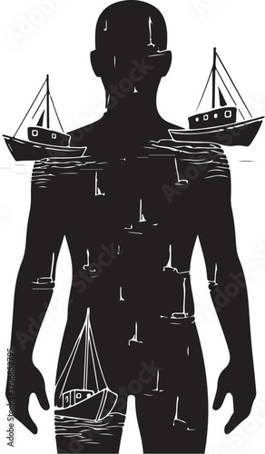 Silhouette of a man with sailboats on his body