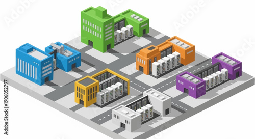Isometric 3D illustration of a city block with colorful buildings and shipping containers.
