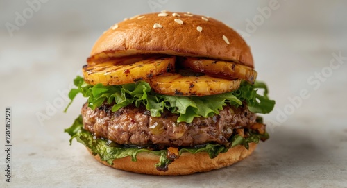 Hearty burger topped with g...