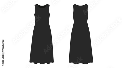 Classic sleeveless maxi black dress elegant silhouette front and rear views essential for fashion design template apparel branding presentations