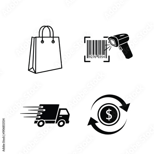 E-commerce transaction icons set, including shopping bag, barcode scanner, delivery truck, and currency exchange, on a plain background