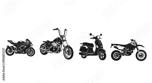 Various motorcycles and scooters illustrated in different styles and viewpoints