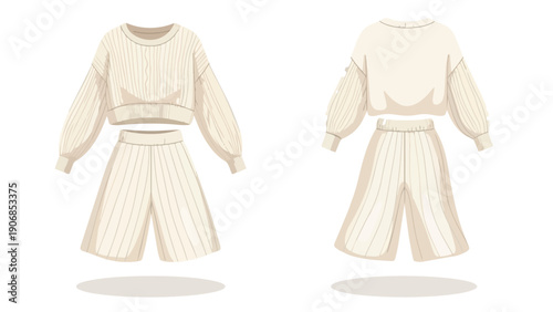 Stylish cream loungewear set illustration featuring a comfy cropped top and wide-leg pleated pants in front and back views for modern fashion designs