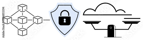 Blockchain, cybersecurity, data protection, cloud computing, encryption, digital privacy. Icons blockchain connections, a shield with a lock and a cloud with justice scales. Blockchain