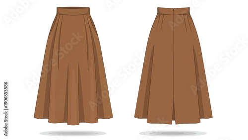 Stylish earth-toned midi skirt with elegant pleats, presented in a clean technical flat sketch showing both front and rear perspectives for fashion