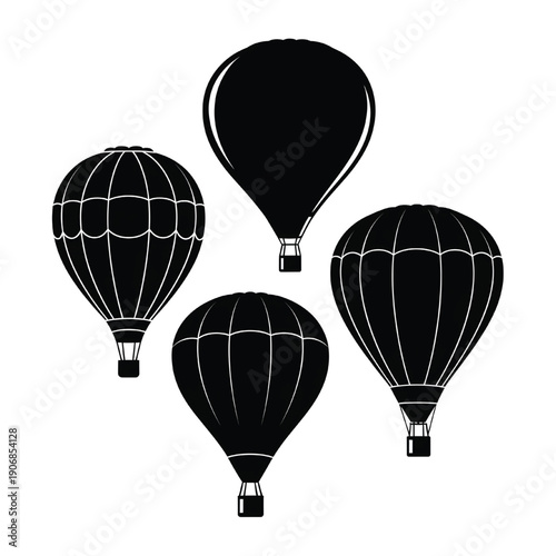 Collection of Hot Air Balloons Soaring Through the Sky, Illustrated in Black Silhouettes