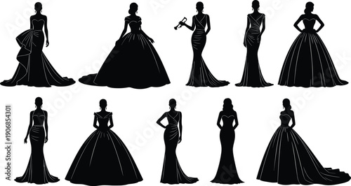 Elegant women silhouettes in luxury evening gowns and wedding dresses, fashion model figures for bridal design, red carpet formal wear black silhouette,