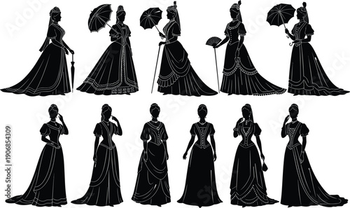 Elegant women silhouettes in luxury evening gowns, Victorian vintage dresses with umbrellas, and bridal wedding fashion figures for historical and modern design,