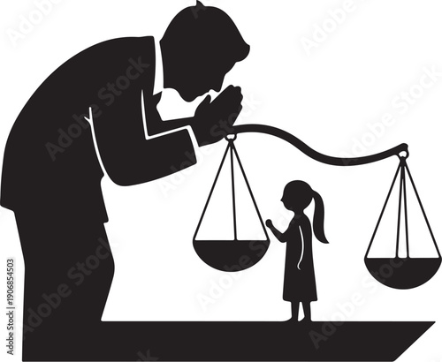 Silhouette of judge weighing a young girl in court