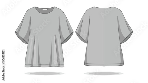 Vector illustration of a casual women's gray loose-fitting t-shirt with wide sleeves, featuring front and back views for fashion design mockups.