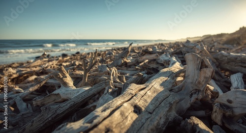 Coastal driftwood strewn ac...