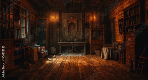 cozy rustic wooden room wit...