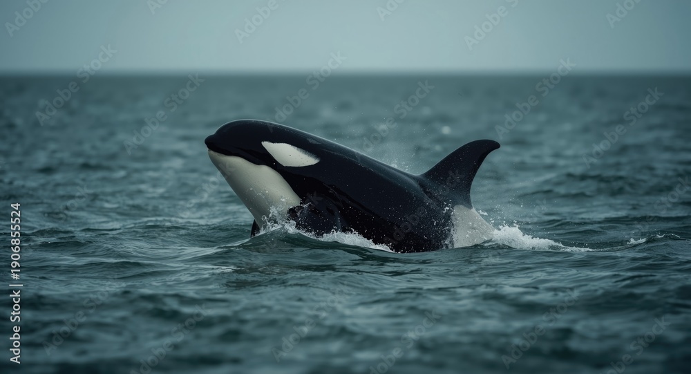 Fototapeta premium Dynamic killer whale surfacing with copyspace for text on oceanic scene