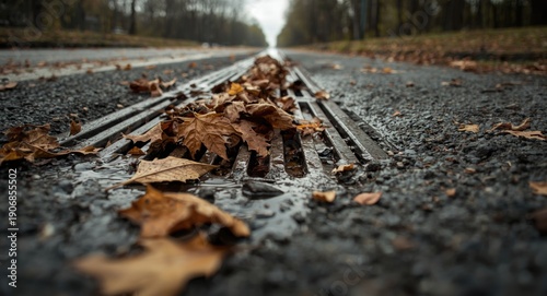 Leaf-clogged street drain c...