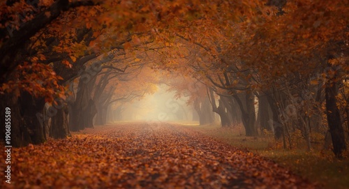 Foggy autumn grove with a d...