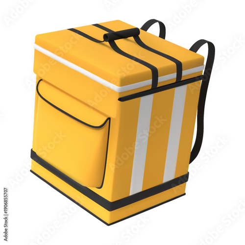 3D square yellow food delivery backpack, side view.