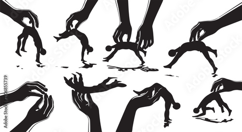 Hands manipulating small human silhouettes in various poses freely