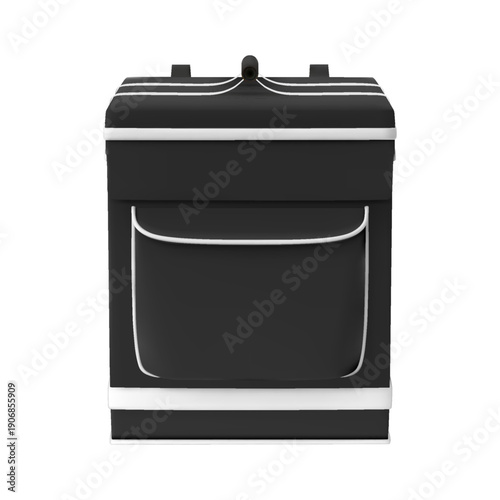 3D closed food delivery backpack, black with white stripes and a pocket, front view.