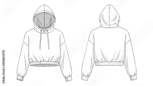Precisely rendered fashion flat sketch showcasing a contemporary cropped hoodie, featuring detailed front and back views for accurate apparel design