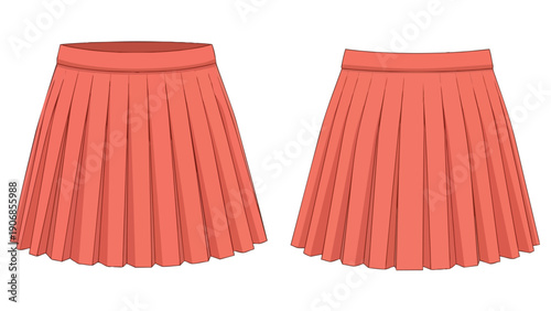 Exquisite vibrant coral pleated mini skirt fashion illustration showing front and back views perfect for contemporary garment design and stylish