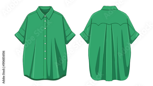 Vibrant green oversized casual collared shirt illustration, showcasing both front and back views, ideal for contemporary apparel design and clothing
