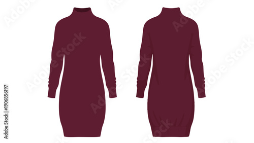 Contemporary maroon long sleeve turtleneck dress flat vector illustration showcasing both front and back views perfect for fashion design and