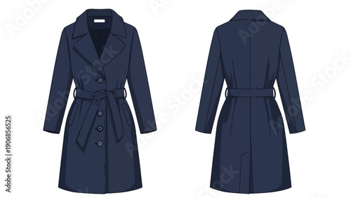Stylish dark blue women's trench coat flat vector design illustration showing front and reverse views