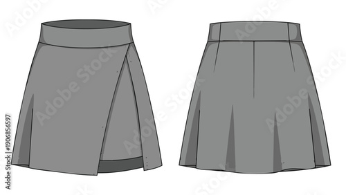 Fashion technical flat sketch of a gray women's skirt presenting an asymmetric wrap-style front and a clean back view, perfect for pattern making