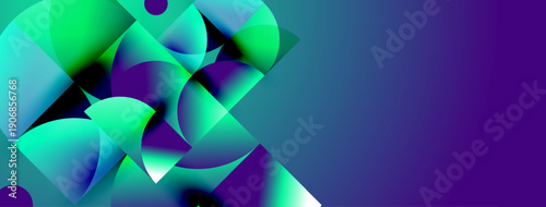 Abstract composition features vibrant blue, green spheres. Gradient hues create dynamic visual interest, modern aesthetic.