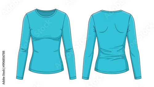 Vibrant teal long-sleeve crew neck t-shirt flat technical drawing for apparel design and product display. Front and back view for versatile garment