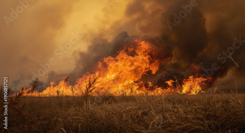 Flames and smoke from dried...